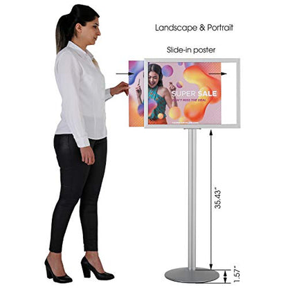 M&T Displays Sign Holder Stand, Silver 18x24 Inch Poster Frame Double Sided Slide-In Aluminum Easy Loading Floor Standing Pedestal Advertisement Post Commercial Menu Holder Round Heavyweight Base - color: Silver