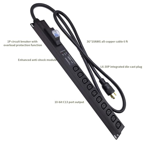 30A Rack PDU, L6-30P Power Distribution Unit with 10 C13 Outlets, 7200W 0U Vertical Rack Mount Power Strip with 6ft Cord, Circuit Breaker, Surge Protection and Aluminum Alloy Housing - color: Breaker Protected