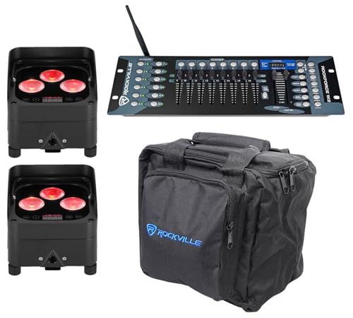 Rockville Wet PAR 50 Bundle: (2) RGBWA+UV Battery Powered Wireless DMX Par Lights with RF Remotes, RLB90 Travel Bag for Lights, ROCKFORCE W2 192 Channel 2.4GHz DMX Lighting Controller, 4-Items