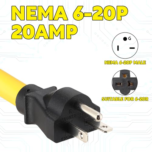 25 ft Nema 6-20 Extension Cord, Nema 6-20p Male Plug to 6-20r/6-15r Female Receptacle, 20 Amp T-Blade Outlet Extension Power Cord with Waterproof Sockets, Heavy Duty 12/3 Awg, 250v, 5000w - size: 25 ft