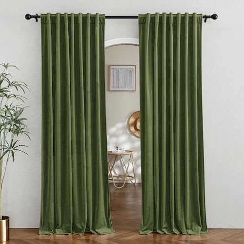 RYB HOME Velvet Room Darkening Curtains for Living Room 72 inches Long - color: Army Green, size: 52"W x 72"L (Pack of 2)