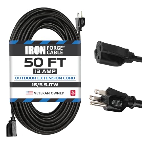 Iron Forge Cable 16 Gauge Heavy Duty Black Extension Cord, 50 Ft - SJTW | 16/3 SJTW Cable, 3 Prong Grounded Plug, 13 Amp - For Landscaping, Leaf Blowers, Lights, Appliances - size: 50FT