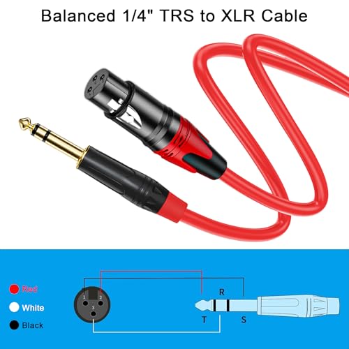 XLR Female to 1/4 (6.35mm) TRS Mono Jack Cable 10FT, 2 Pack, Red and Green, for Dynmic Microphone, Balanced 3 Pin XLR to TRS Plug Mic Cord, Plated Conductors - size: 10FT, style: XLR Female to 1/4"