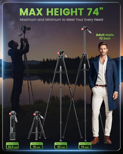 CAMBOFOTO 74"-Camera-Tripod, Porfessional Aluminum Heavy Duty Tripod Stand for Mirrorless Camera/DSLR/Cell Phone/Camcorder, with Holder and Travel Bag | Heavy‐Duty Tripod Stand for DSLR & Mirrorless Cameras/Smartphones/GoPro, with 360° Pan Head/Phone Moun