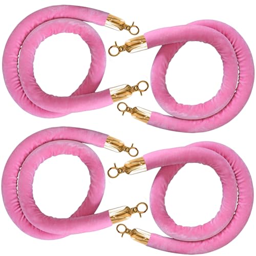 4PCS Pink Velvet Stanchion Rope 5 Ft Crowd Control Ropes Barrier with Gold Hooks for Party - color: Pink&gold, size: 4PCS