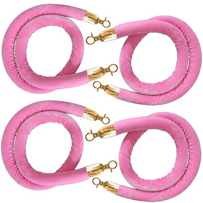 4PCS Pink Velvet Stanchion Rope 5 Ft Crowd Control Ropes Barrier with Gold Hooks for Party - color: Pink&gold, size: 4PCS