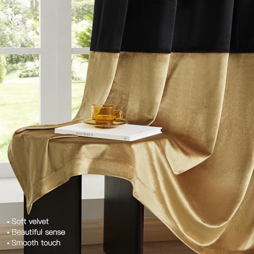BULBUL Black Gold 100% Full Blackout Velvet Curtains,63 inches Long Modern Liner Curtains Thermal Drapes Panels for Living Room Bedroom Grommet Set of 2 - color: Black & Gold, size: 52"W x 63"L (Pack of 2)