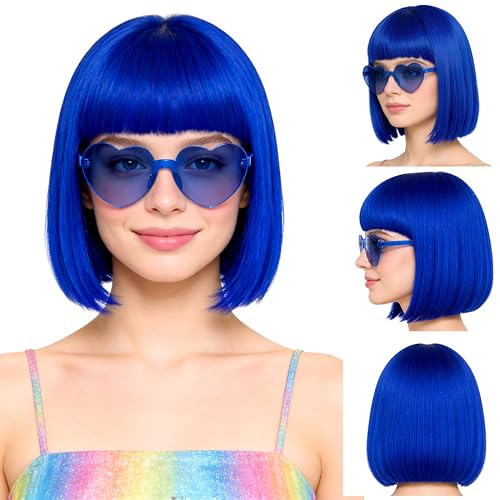 Short Bob Straight Hair Wigs with Bangs, Heat Resistant Fiber Hair, Heart-shaped Glasses for Women (Blue) - color: Blue