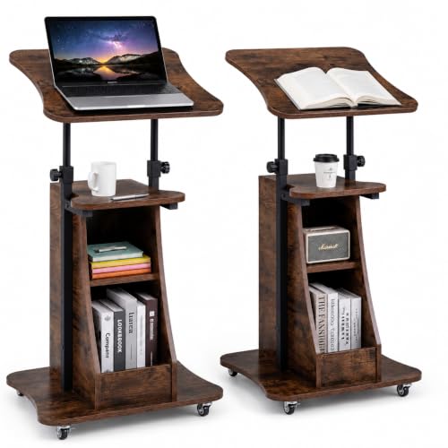 POWERSTONE 2PCS Sit to Stand Mobile Lectern Podium Stand Rustic Brown - color: Rustic Brown, size: 2 pack