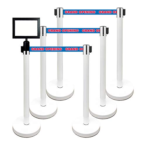 Retractable Stanchion, 6 SPECIALTY Posts + Signframe, 36" Ht, 78" Special Event & Holiday Theme Belt + Bonus Replacement Cassettes + Wall Receiver (WHT Post/Grand Opening Belt) - color: Wht Post/ Grand Opening Belt