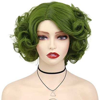 Short Green Curly Wigs For Women Anime Cosplay Halloween Costume Medusa Wig | Olive Green Wig with Side Bangs Fluffy Wavy Layered Party Synthetic Wigs Joker Maven Wig Short Hairstyles Coser Fun Soft - color: Olive Green