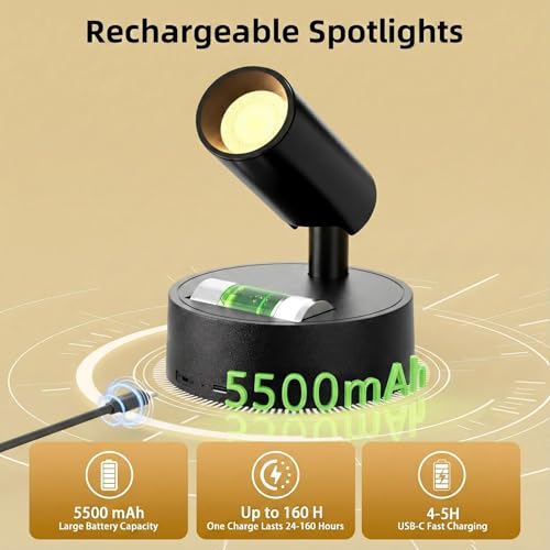 Spotlights Indoor with Remote & Touch, 5500mAh Rechargeable Battery Picture Lights with Timer, 10 Levels Brightness Dimmable Uplights Indoor for Tree Painting Cabinet Wall Gallery (4 Pack) - color: 4 x Black
