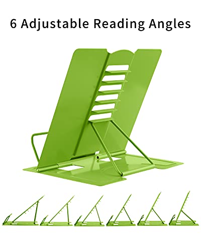 MSDADA Book Stand Metal Reading Rest Book Holder Adjustable Cookbook Documents Holder Portable Sturdy Bookstands for Recipes Textbooks Tablet Music Books with Page Clips (Green) - color: Green