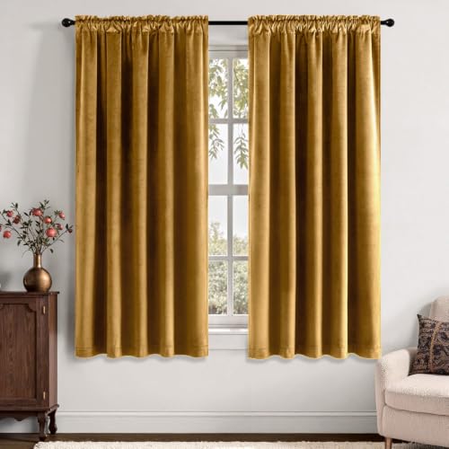 MIULEE Gold Velvet Curtains 63 Inch Long 2 Panels, W40 x L63 | Luxury Super Soft, Thermal Insulated, Room Darkening Drapes, Rod Pocket Design, Window Curtains for Bedroom Living Room - color: Gold, size: 40"W x 63"L (Pack of 2)