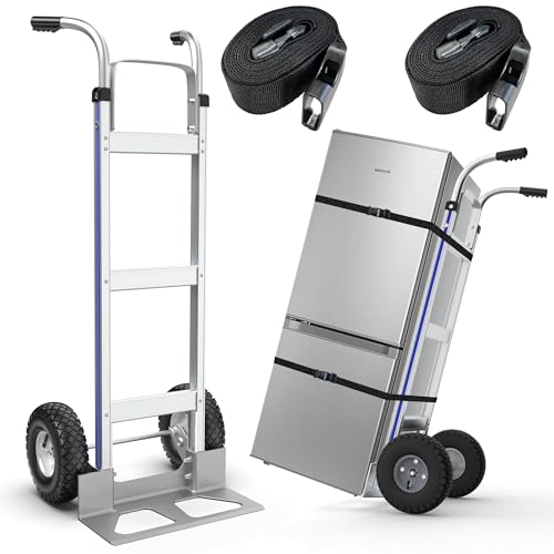 Suzhi Two Large Wheel Hand Truck Dolly Cart with Wheels Heavy Duty/with 2 Wheels / 600Lbs Load, 2 Straps for Furniture/Appliance/Carton/Warehouse/Office /10 Minutes to Install as Video - color: White