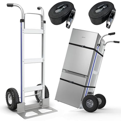 Suzhi Two Large Wheel Hand Truck Dolly Cart with Wheels Heavy Duty/with 2 Wheels / 600Lbs Load, 2 Straps for Furniture/Appliance/Carton/Warehouse/Office /10 Minutes to Install as Video - color: White