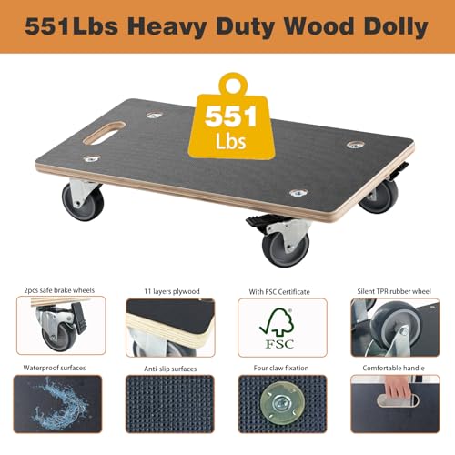Anti-Slip Plywood Platform Dolly 2 Swivel + 2 Brake Caster Wooden Cart 550 Lbs Capacity (2 Packs per Set) Furniture Transporter Widely Use for Moving Heavy Furnitures,Goods, Green Plants - color: Rectangle With Brake