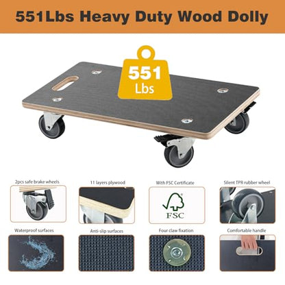 Anti-Slip Plywood Platform Dolly 2 Swivel + 2 Brake Caster Wooden Cart 550 Lbs Capacity (2 Packs per Set) Furniture Transporter Widely Use for Moving Heavy Furnitures,Goods, Green Plants - color: Rectangle With Brake