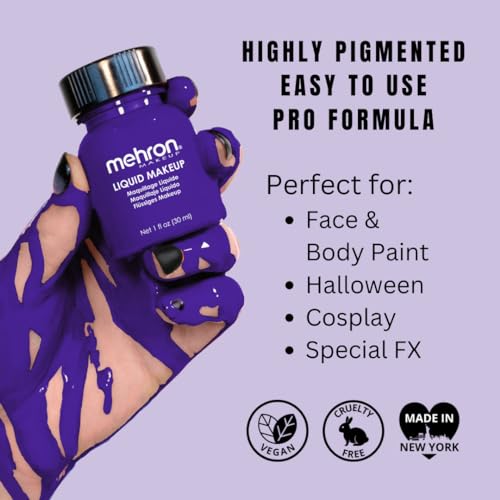 Mehron Makeup Liquid Makeup - PURPLE, Face & Body Paint | 1 Fl oz Water-Based Face Paint & Body Paint Perfect for Halloween & Cosplay. Air Brush Compatible. Vegan & Made in the USA. - color: Purple