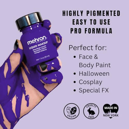 Mehron Makeup Liquid Makeup - PURPLE, Face & Body Paint | 1 Fl oz Water-Based Face Paint & Body Paint Perfect for Halloween & Cosplay. Air Brush Compatible. Vegan & Made in the USA. - color: Purple