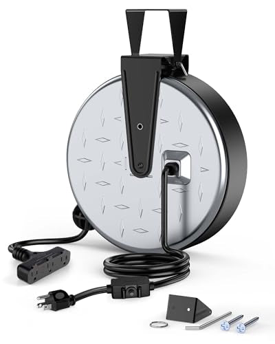 DEWENWILS Retractable Extension Cord Reel, Metal Reel with 30FT Power Cord - color: Silver/Black-black Cord