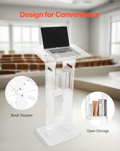 VEVOR Podium Stand, 43-Inch Acrylic Lectern, Portable Laptop Desk with Wide Reading Surface and Storage Shelf, Book Stopper, Floor-Standing, for Classroom, Wedding, Conference, Lecture and Concert - style: 43" White