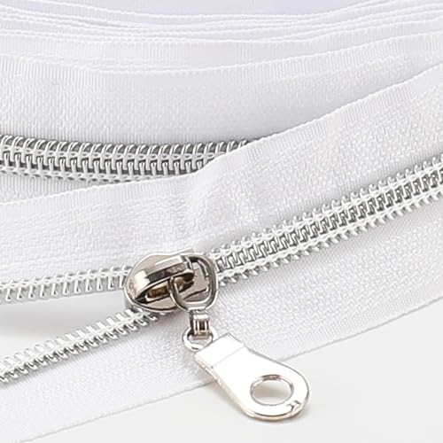 The Yards 10 Yards Bulk White Nylon Coil Zipper with Silver Teeth - Replacement Sewing Zipper with 10PCS Sliders for DIY Craft Bags - color: Silver-White