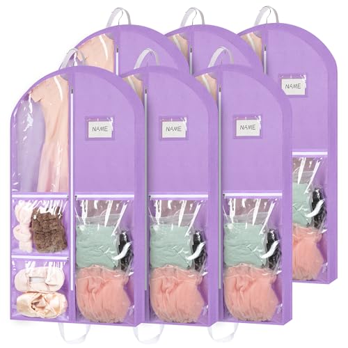 Linodes Dance Costume Bags Garment Bag 40'' for Dance Travel/Competition Storage with 4 Medium Clear Zipper Pockets and 1 Large Back Zipper Pocket-Fabric & PVC (Purple-Fabric & PVC, 40''- 6 Pack)