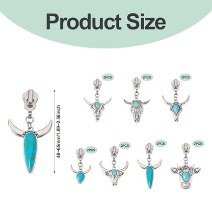 Sparkeads 14Pcs Turquoise Alloy Zipper Replacement Slider,Antique Silver Zippers Sliders for Sewing,Metal Zipper Pull Replacement for DIY Craft Bag Luggage Clothing Wallet Jacket Supplies-Cattle Head - style: Cattle Head