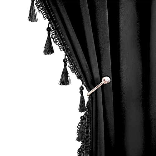 Fazhesici Black Velvet Blackout Curtains, Rod Pocket 2 Panels, 52”W x 84”H | Velvet Drapes with Tassels, Thermal Soundproof Blackout Curtains for Living Room - color: Black, size: 52"W x 84"L (Pack of 2)