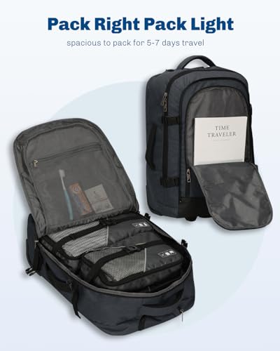 Hynes Eagle 2 in 1 Travel Backpack 22 inches Carry on Luggage 63L Rolling Backpack for Men Women with Packing Cubes 3PCS Set - color: Gray Blue