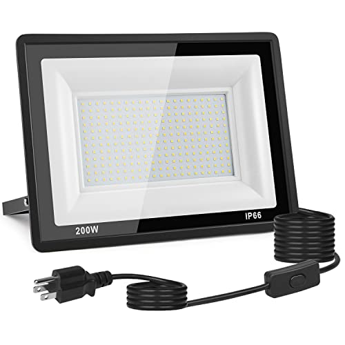 200W LED Flood Light Outdoor, 20000LM Bright Plug-in Flood Lights with Switch, IP66 Waterproof Exterior Security Lights, LED Work Light for Garage, Yard, Garden, Playground, Stadium, Arena - size: 200W-1PACK