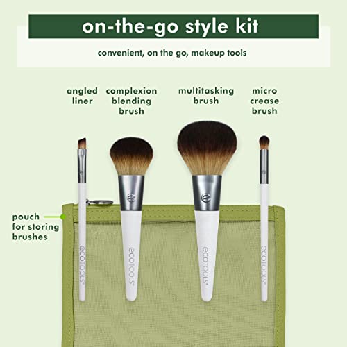 EcoTools On-The-Go Makeup Brush Kit, Travel Makeup Brush Set | Easy touch-ups anywhere with travel makeup brushes for face and eyes, mini makeup brushes with synthetic hair, plus brush bag - size: 4 Piece Set