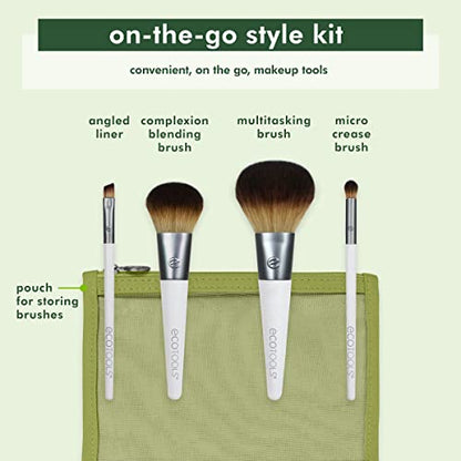 EcoTools On-The-Go Makeup Brush Kit, Travel Makeup Brush Set | Easy touch-ups anywhere with travel makeup brushes for face and eyes, mini makeup brushes with synthetic hair, plus brush bag - size: 4 Piece Set