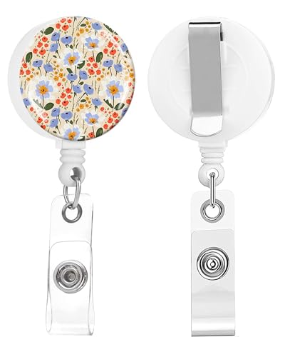 2 Pack Retractable Badge Holders Cute Badge Reel Badge Clip ID Card Holders for Student Office Worker Doctor Nurse Teacher(Blue Flowers) - color: Blue Flowers
