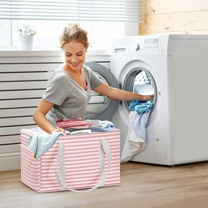 LHZK 2 Pack Utility Tote Bag with Metal Wire Frame and the Sides Rinforced, Large Tote Bag with Handle, Reusable Grocery Bags Foldable, Beach Bag, Car Tote (Pink, 18.5''x11.8''x11.5'') - color: Pink, size: 18.5''x11.8''x11.5''-2 Pack