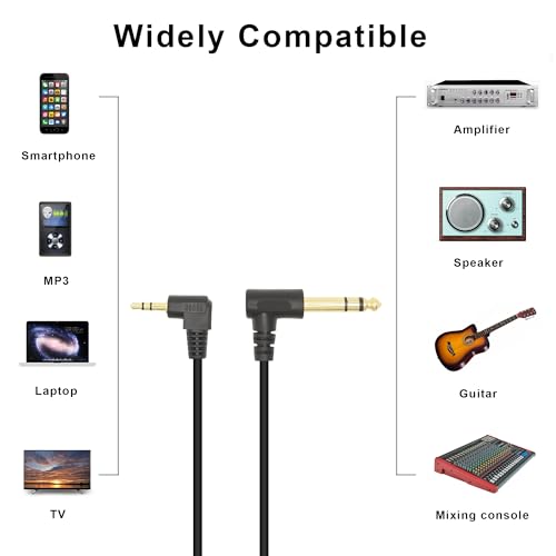 90 Degree 1/8 to 1/4 Stereo Audio Cable, Right Angle 3.5mm TRS Male to 6.35mm TRS Male Aux Cord for Guitar, Keyboard Piano, Laptop, Speaker and Amplifiers (48cm/19In) - size: 19in/48cm