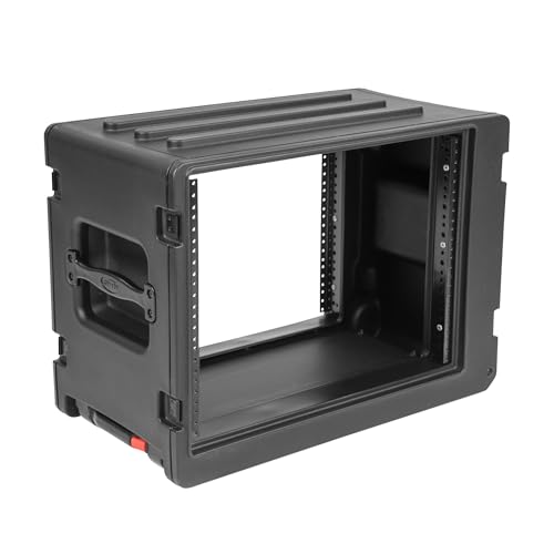 SKB 8U rSeries Shallow Rolling Rack with Integrated Back Wheels and 1-Touch Pull Handle, Comes with 8 Rack Units and Interlocking Molded Stacking Bars | Molded interlocking stacking bars, integrated rear casters, one-touch telescoping design, DJ equipment