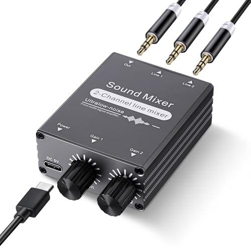 Hohean 2 Channel Stereo Audio Mixer, 3.5mm 2 In 1 Out, Dual Volume Control