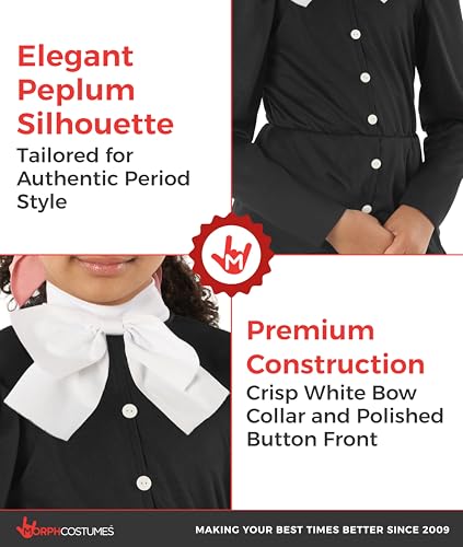 Morph, Harriet Tubman Costume Kids, Halloween Costumes for Kids | Long Black Prairie Dress with Peplum Waist, Detachable Bow Collar Included, Perfect for Halloween, Fun for Dressing Up - size: Medium