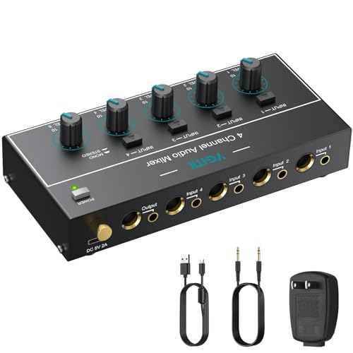 Mini Audio Mixer, 4 Channel Stereo Line Mixer 1/4" & 1/8" TSR Audio Output Input Jack, Line Mixer Stereo/Mono Independent Control and Switch for Guitars,Bass,Keyboards, Dynamic Microphone - size: Medium(4-channel)