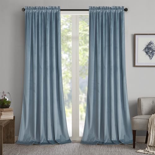 Roslynwood Velvet Stone Blue Curtain 63 inch Long - Curtains Block Light Rod Pocket Thermal Insulated Window Drapes Set for Living Room/Bedroom/Dining Room, W52 x L63, 2 Panels - color: Stone Blue, size: 52"W x 63"L (Pack of 2)