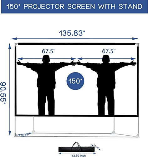 Projector Screen and Stand 150 inch 16:9 HD 4K Large Outdoor Projector Screen Portable Projection Movie Screen with Carry Bag for Home Theater Backyard Cinema Travel Foldable Anti Crease Windproof - size: 150 inch