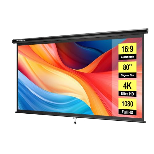 VIVOHOME 80 Inch 16:9 Pull Down Projector Screen, Black | Manual Retractable 4K Projection Screen for Home Theater, Roll Up ALR Movie Screen for Ceiling and Wall Mount - color: Black, size: 80" Diagonal (16:9)