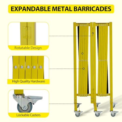 Garvee 19.8 ft Industrial Expandable Metal Barricade, Rotatable & Portable Safety Barrier with a Warning Board and Casters, Retractable Traffic Fence Mobile Safety Barrier Gate Yellow Black - size: 19.8FT