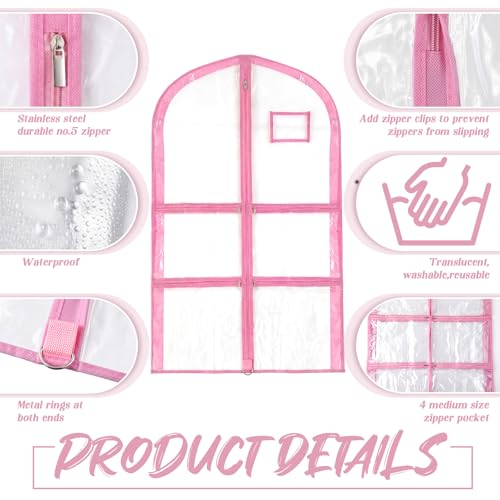 Nuenen 3 Pack Dance Garment Bags for Costumes Clear Dance Recital Organizer with Pockets & Labels, 40 Inch PVC Hanging Costume Bag for Competition Travel, Garment Bag with Compartments(Pink) - color: Pink