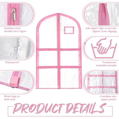 Nuenen 3 Pack Dance Garment Bags for Costumes Clear Dance Recital Organizer with Pockets & Labels, 40 Inch PVC Hanging Costume Bag for Competition Travel, Garment Bag with Compartments(Pink) - color: Pink