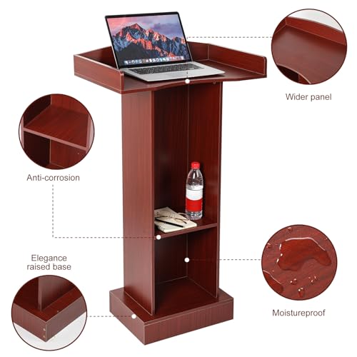 Wooden Podium Lectern Stand with Storage Shelves, Presentation Pulpit for Church Classroom (Reddish Brown) - color: Reddish Brown