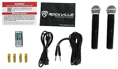 Rockville RAMSYS15 Bundle: (2) 15" Rechargeable DJ/PA Speakers, (2) Tripod Speaker Stands, (2) Wireless Microphones, 1000W Peak, Bluetooth, USB/SD, TWS, for Parties & Events, 6-Items