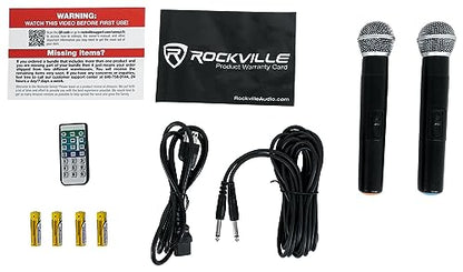 Rockville RAMSYS15 Bundle: (2) 15" Rechargeable DJ/PA Speakers, (2) Tripod Speaker Stands, (2) Wireless Microphones, 1000W Peak, Bluetooth, USB/SD, TWS, for Parties & Events, 6-Items
